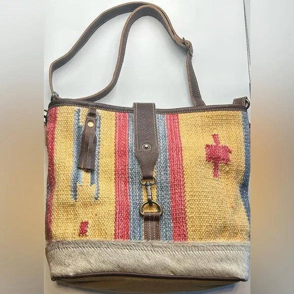 Myra Bag Yellow Western Shoulder Bag Gray Hairon Cowhide Canvas & Leather EUC - Picture 3 of 11